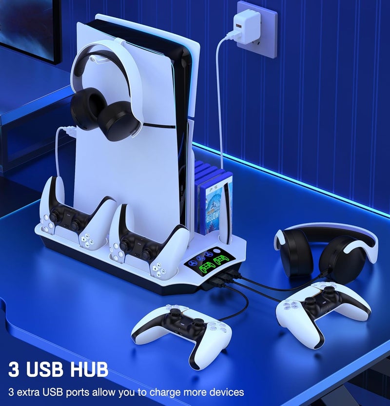 Svetaecho PS5 Slim Stand and Turbo Cooling Station with Controllers Charger Station for Playstation 5, PS5 Pro Console Accessories with 3 Levels Cooling Fan 13-Game Organizer Headset Holder for PS5 Digital/Disc - Image 5